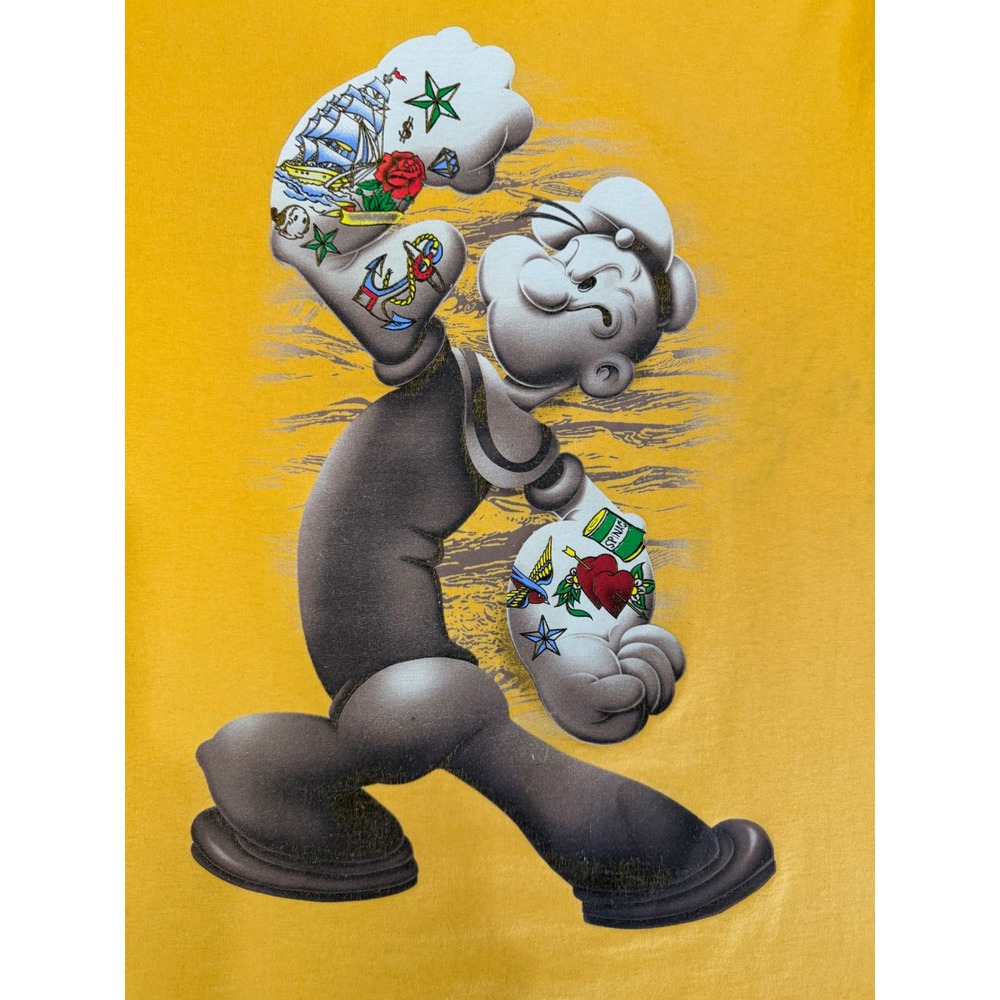 Popeye The Sailor Women Graphic T-Shirt S Yellow Tattoo Muscle Print STAINED